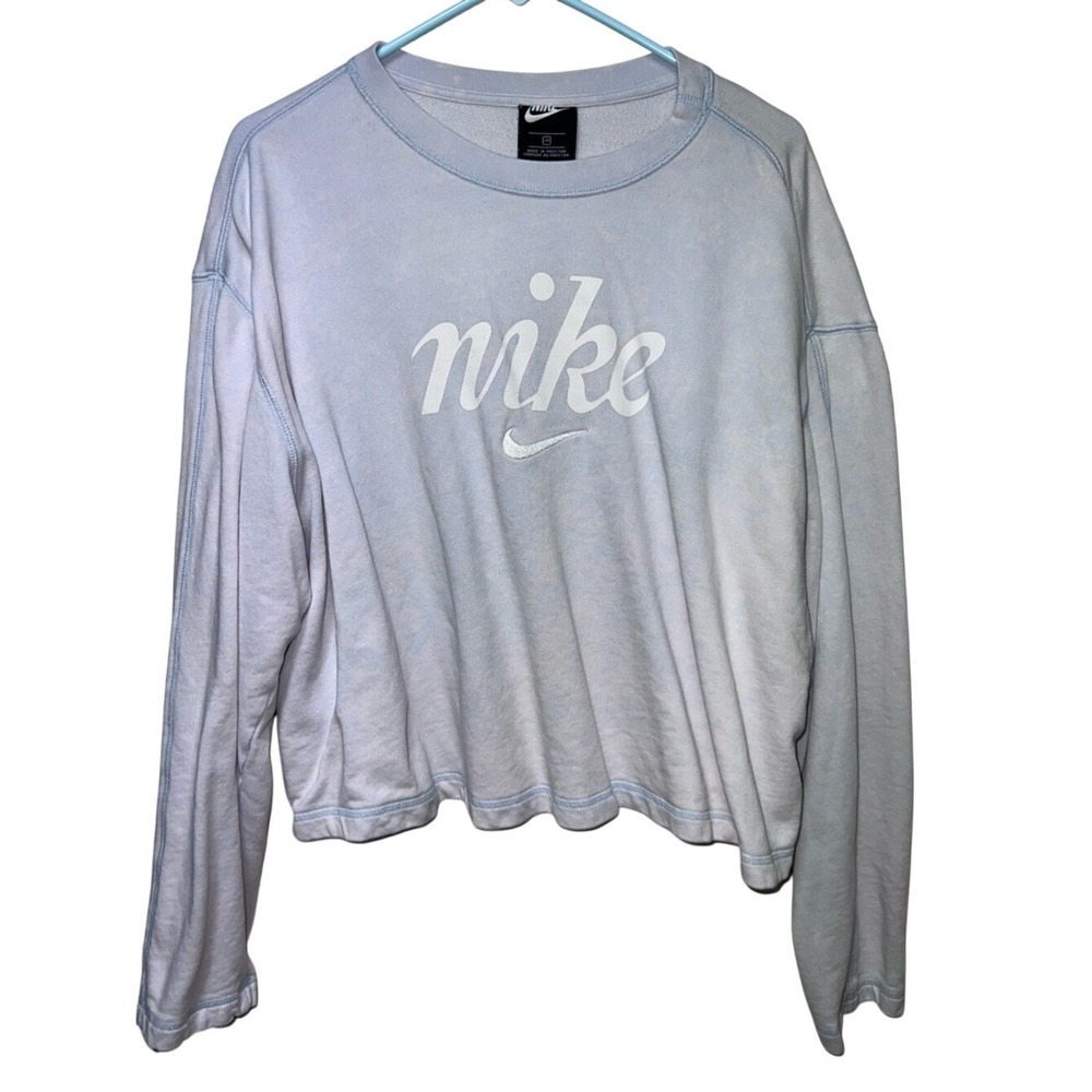Nike Women 2X Light Blue Acid Wash Cropped Sweatshirt Script Logo Pullover